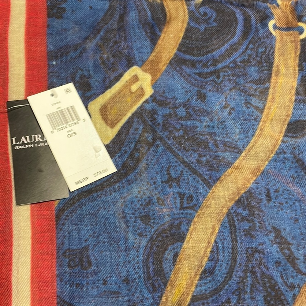 NWT Beautiful Wool Ralph Lauren Scarf Blue and Red (Retail Price $78.00)